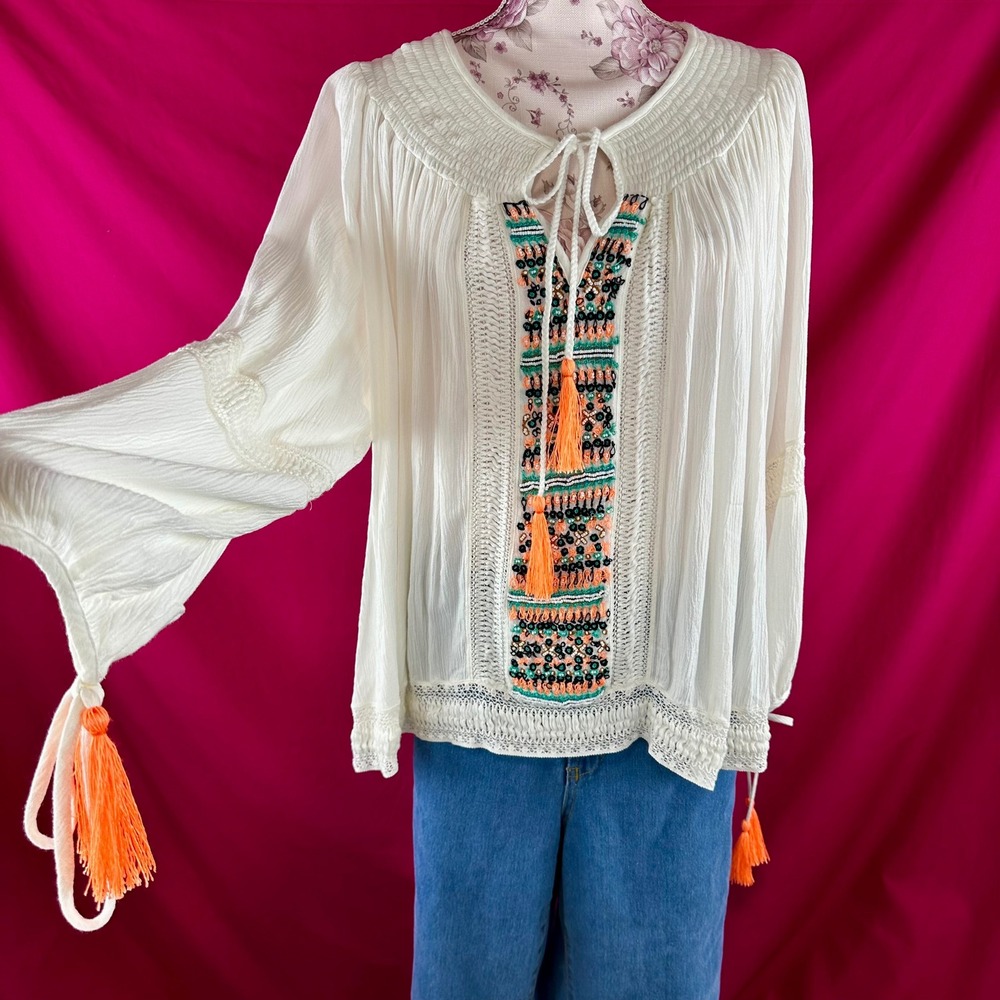 NWT Pia Pauro Embroidered Peasant Top Beaded Tassel Tie Bohemian White Large‎